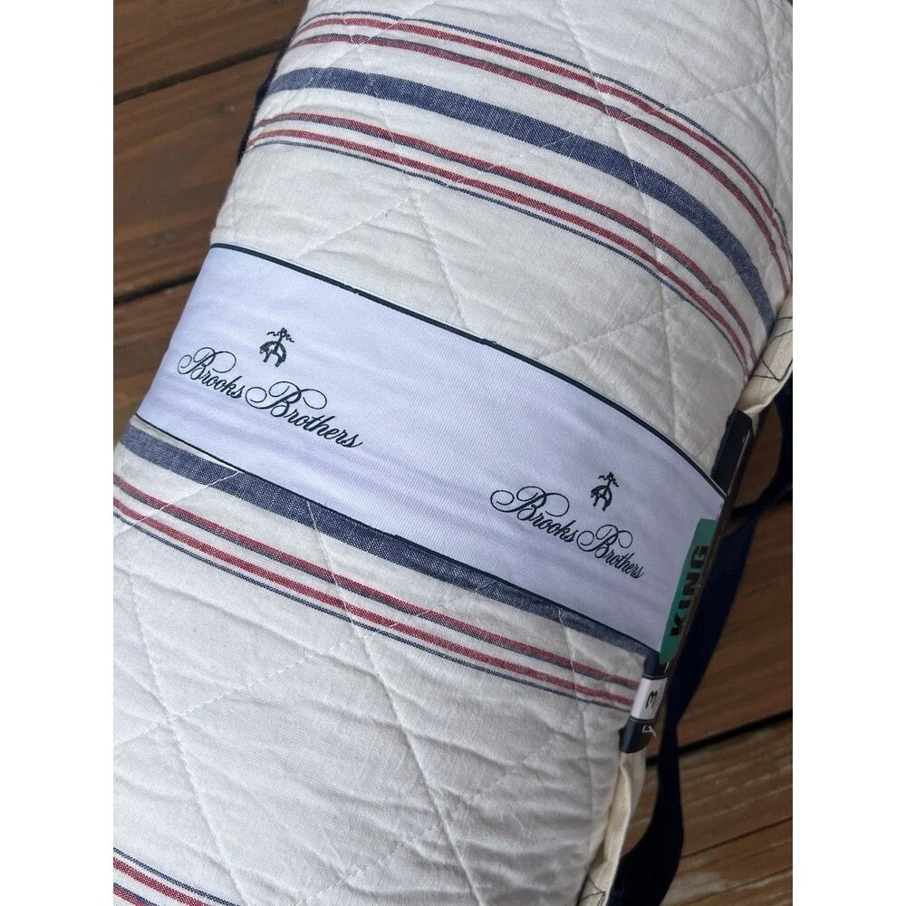 Brooks Brothers Blue Red White Stripes King Cotton Slub Quilt Set 106x92” New